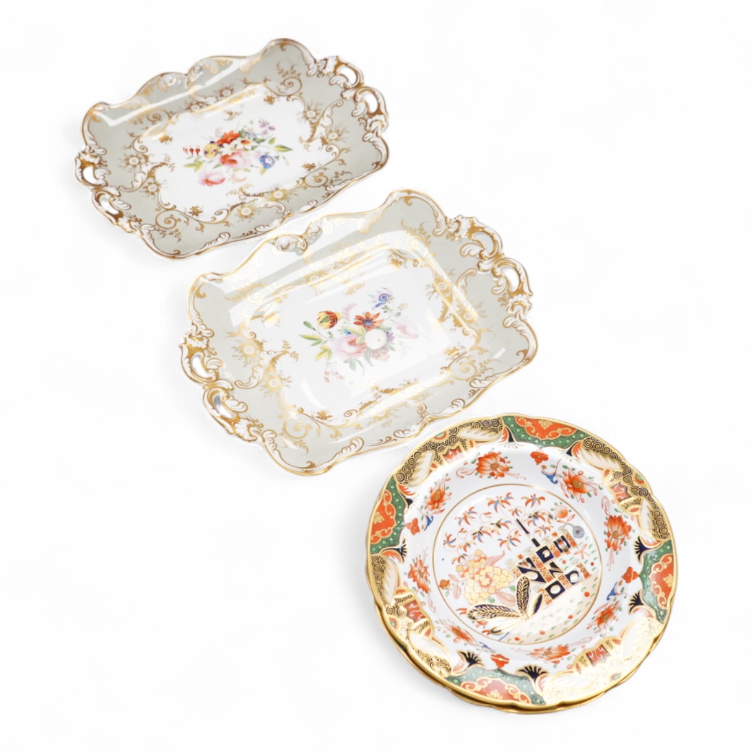 A pair of Spode 967 pattern Imari dishes and pair of Ridgway floral dessert dishes, largest 27cm wide